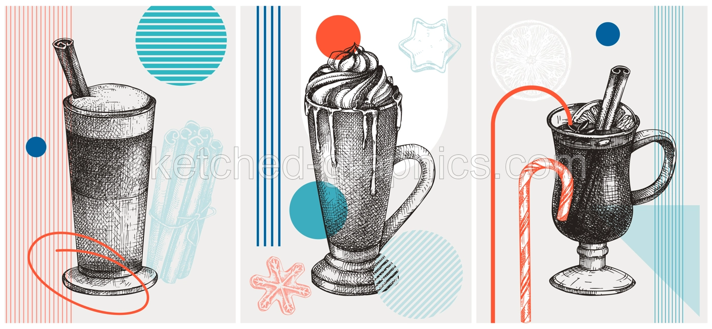 Collage style hot drinks illustration. Cappuccino, pumpkin latte and mulled wine sketches. Trendy winter design with hot drinks geometric shapes for modern print, posters, cards, menu Illustration